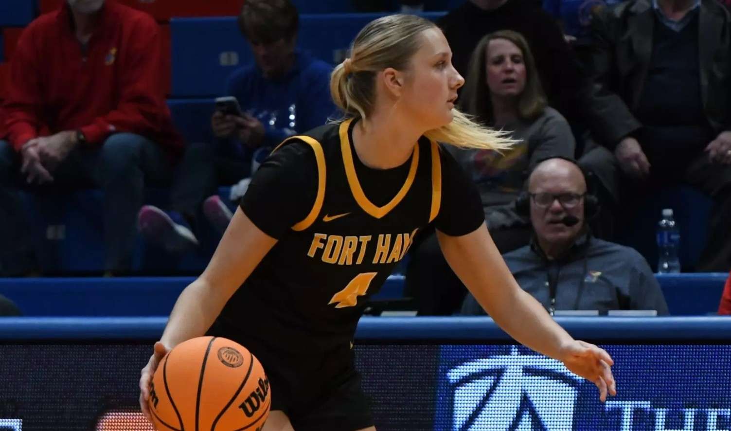 Fort Hays State's Brittan Zeka (4) brings the ball up the court in an exhibition game against Kansas on Wednesday, October 29, 2026 in Lawrence, Kan. (FHSU Athletics photo/Ryan Prickett)