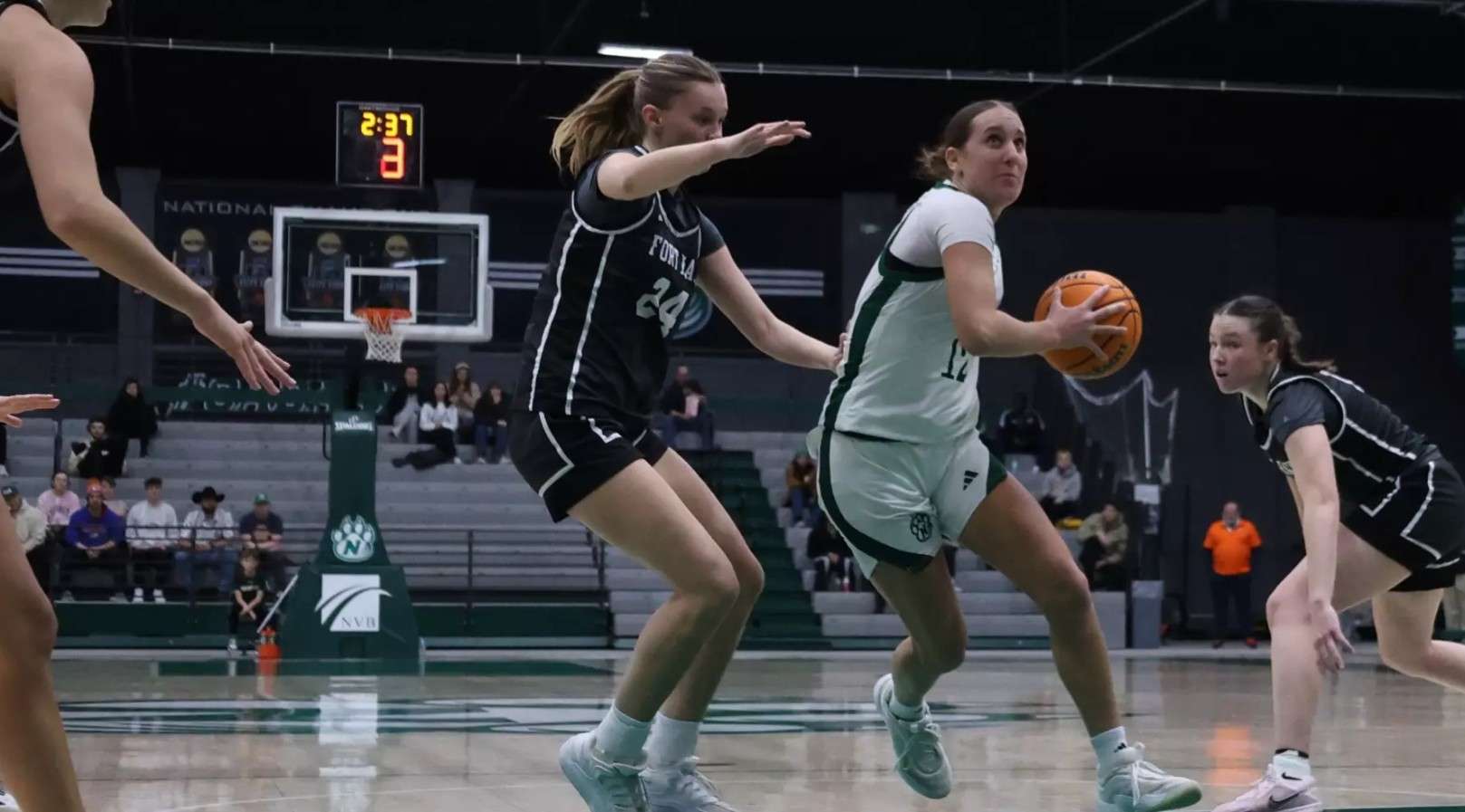 Fort Hays State's Avery Lowe (24) defends Northwest Missouri State's Bailey Birmingham (12) on Saturday, January 17, 2026 in Maryville, Mo. (FHSU Athletics photo/Kaileen Dohrmann/NMSU Athletics)