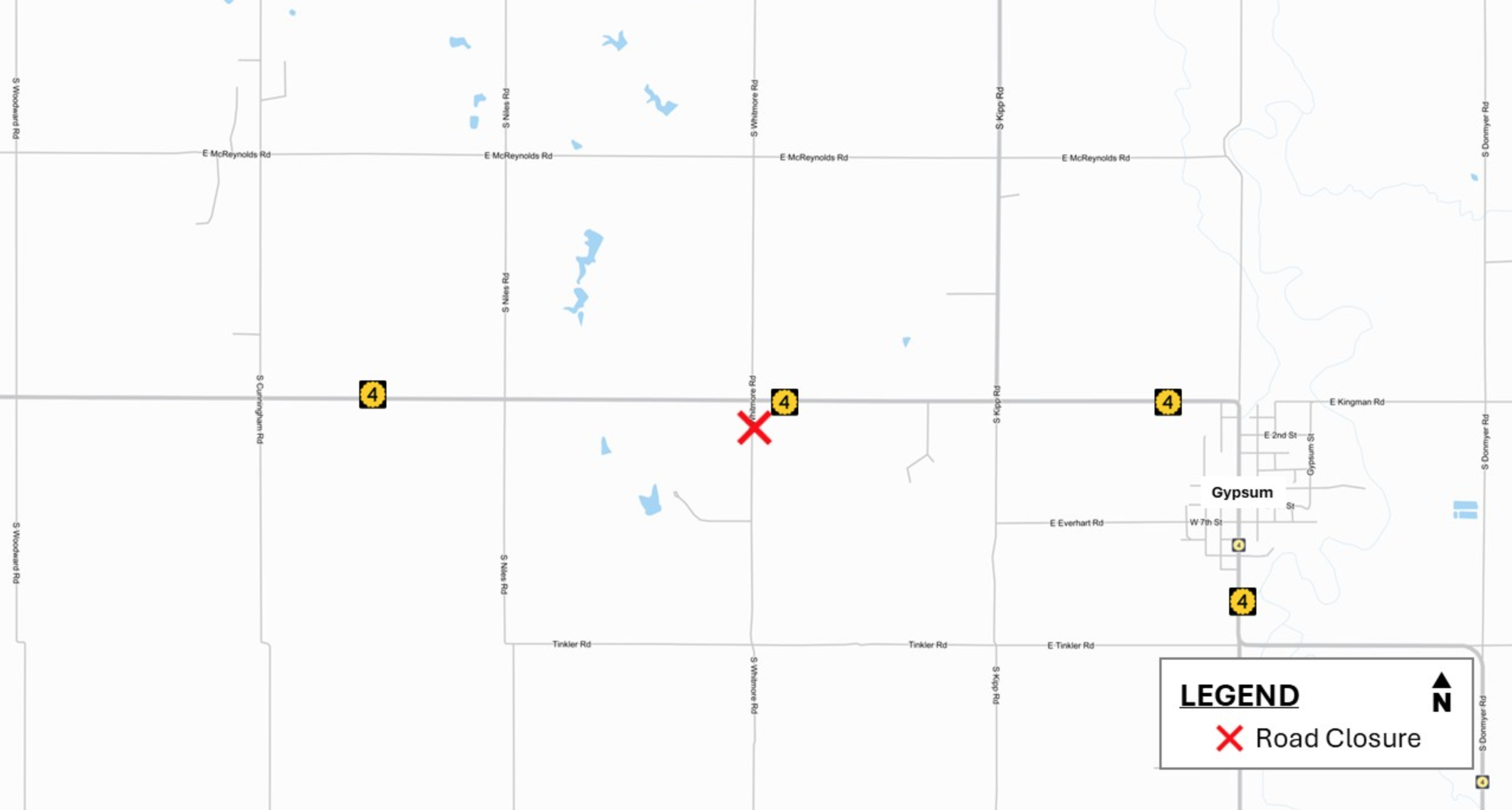 Portion of Whitmore Road, K-4 junction closed for reconstruction project in Saline County. Expected to take 5 to 6 weeks, weather permitting. Map provided by&nbsp;<i>Kansas Department of Transportation</i>