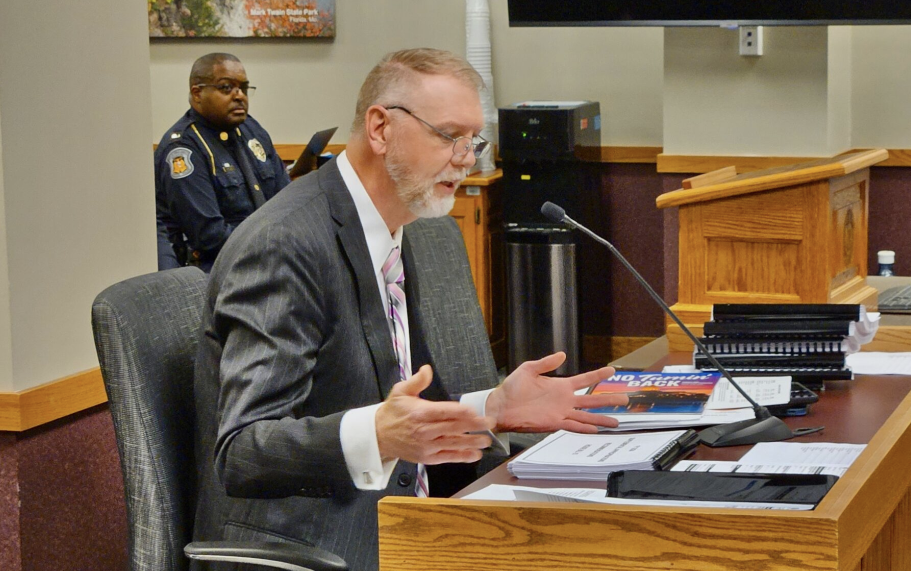 Missouri budget director Dan Haug said Tuesday that a calculation error is why the state general revenue balance was originally projected to be $4.7 million in fiscal 2027. He is shown speaking during the 2024 legislative session to the House Budget Committee (Rudi Keller/Missouri Independent).
