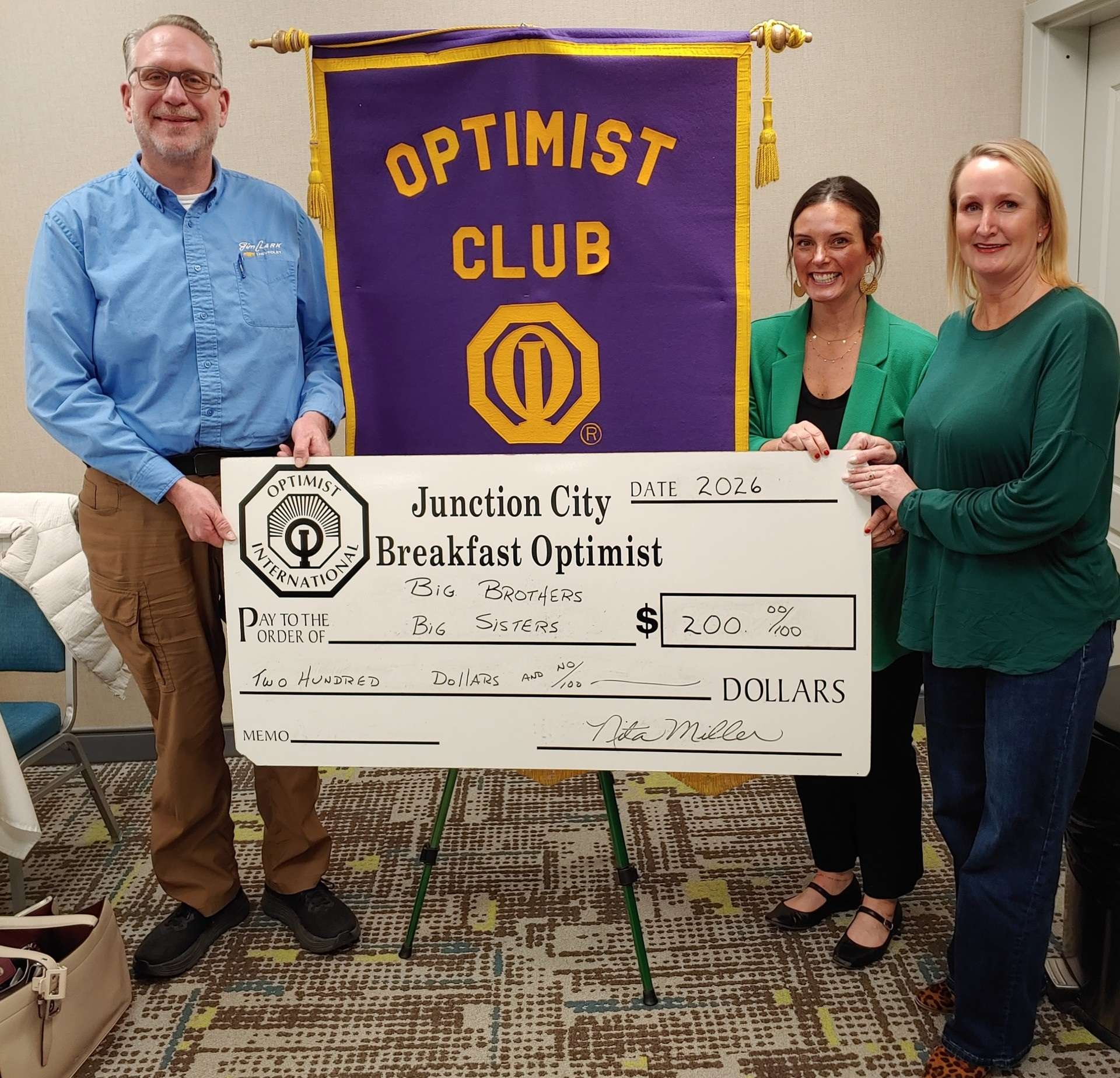 Pictured left to right: Ron Johnson, JC Breakfast Optimist Club Vice President; Melissa Soldan, Development Assistant and Michelle Sink, Big Brothers/Big Sisters Area Director.