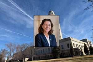 Gov. Jim Pillen tapped Maureen Larsen, his office’s general counsel, as the interim director of the Nebraska Department of Economic Development beginning July 21, 2025. (Capitol photo by Aaron Sanderford/Nebraska Examiner | Larsen photo courtesy of Office of Gov. Jim Pillen)