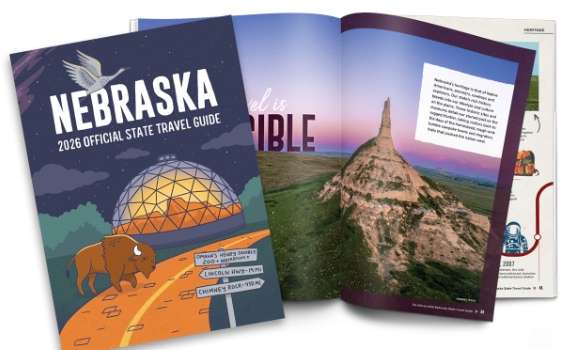 Nebraska’s 2026 official state travel guide is now available and for free. The cover features an illustration by Lincoln artist Katie Nieland. (Courtesy of Visit Nebraska)