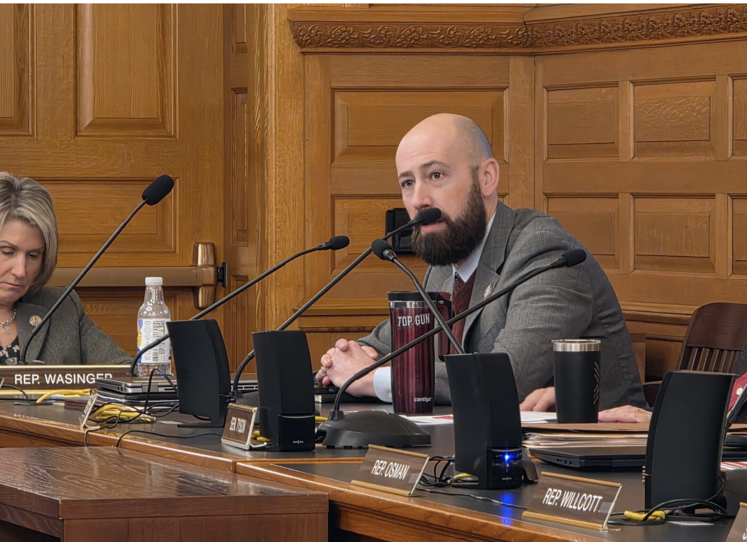 Sen. Kenny Titus questioned what would happen if the Chiefs moved, leaving an empty stadium behind, during a Wednesday joint meeting of the House Commerce, Labor and Economic Development and Senate Commerce committees. (Photo by Morgan Chilson/Kansas Reflector)