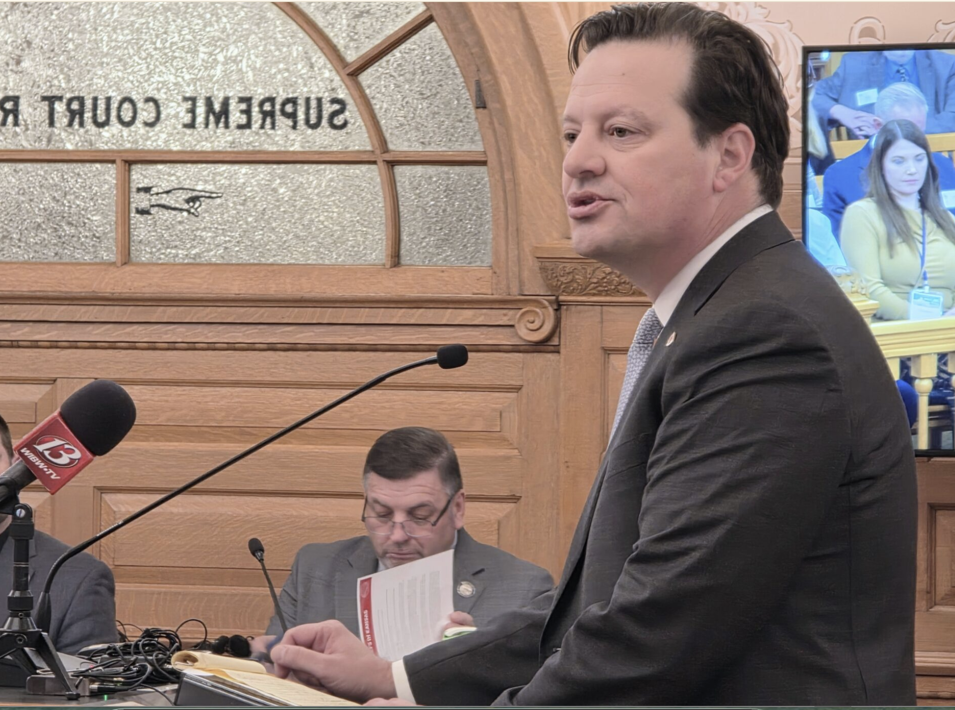  Korb Maxwell, an attorney for the Chiefs, answered questions Wednesday about the deal to move build a domed stadium and team headquarters in Kansas. He told a legislative committee he expects the STAR bonds issued for the project to pay off early, based on projections. (Photo by Morgan Chilson/Kansas Reflector)