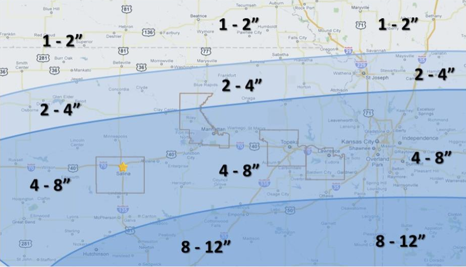 Snow accumulations map for Friday, January 23 - Saturday, January 24. Courtesy of City of Salina