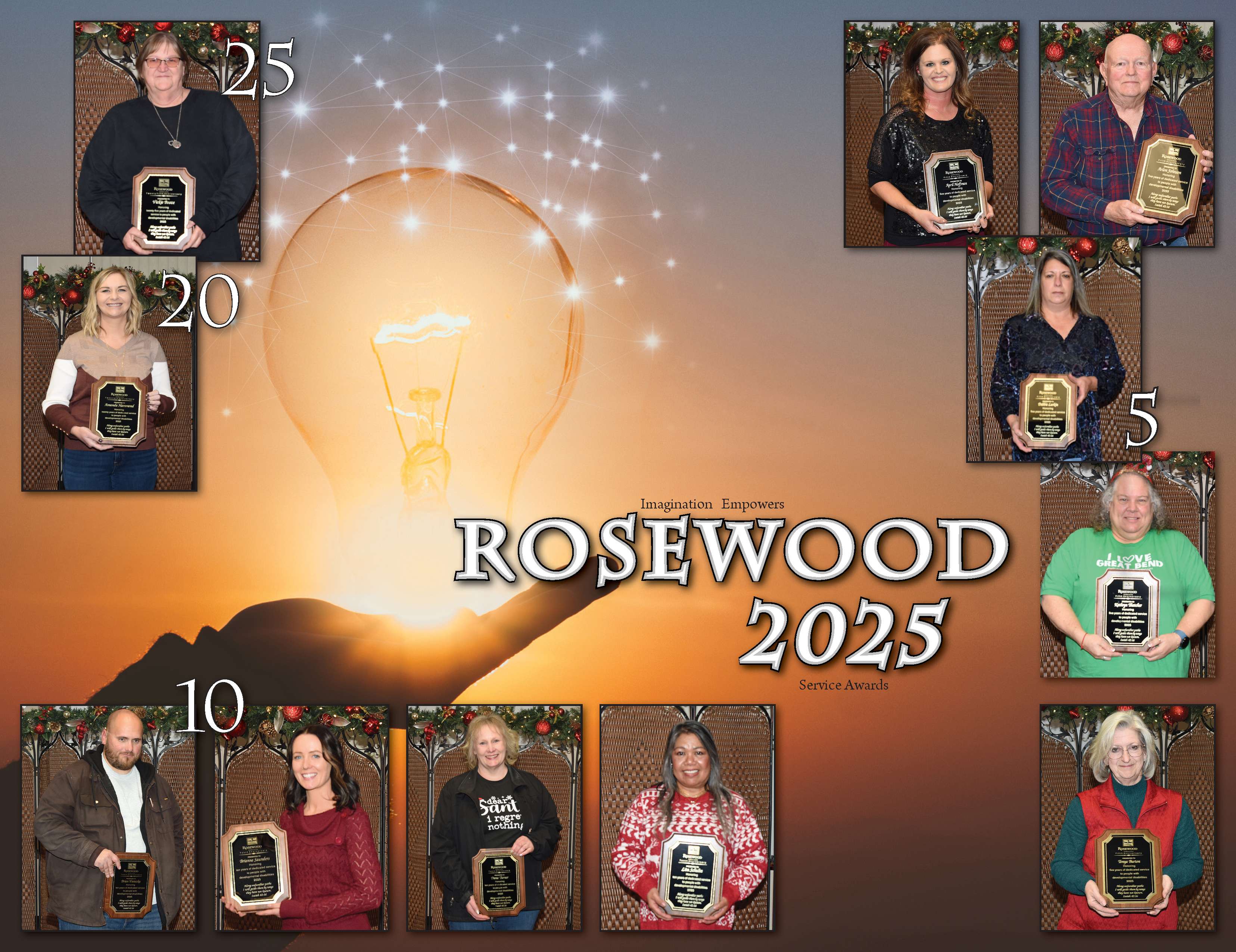 Pictured are 11 Rosewood Services employees who received their service award plaques in December. Left, top to bottom: 25 Years – Vickie Booze; 20&nbsp;Years – Amanda Hammond; 10 Years – Brian Vsetecka, Bri Hammond, Dana Turner, Lita Schultz; Right, top to bottom: 5 Years – April Hoffman, Arlon Johnson, Debbie Larkin, Kathy Thatcher, and Tonya Burton.&nbsp;Not pictured: Juan Bodine, Hunter Bowman, Lori Brainerd, Kenneth Kowalsky, Cindy Levingston, Sharon Milligan, Caroline Muiruri, Jay Stoddard, and James Underwood