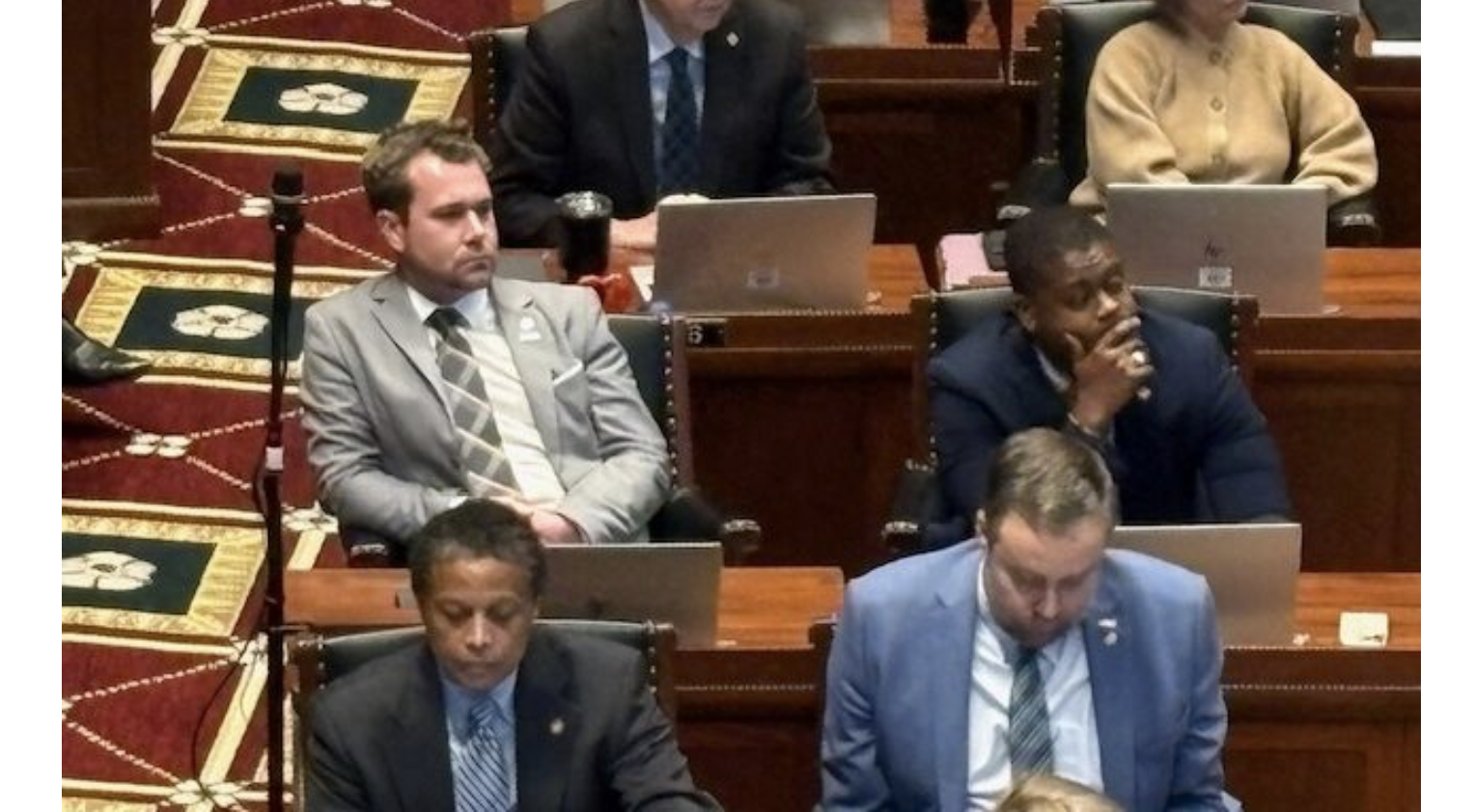 Democratic state Rep. Jeremy Dean, left, listens on Thursday as GOP Rep. Cecelie Williams discusses the obscene text message he sent her, which became the focus of an ethics complaint (Jason Hancock/Missouri Independent).