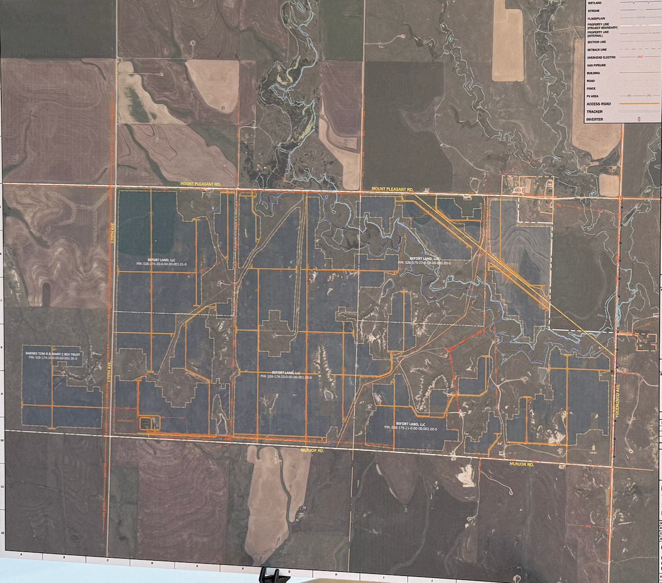 The dark grey areas on this map are the proposed locations of th ibV solar panels. However, ibV officials said the design phase is ongoing, and this map is subject to change. This area is bordered on the north by Mt. Pleasant Road, on the west by Yocemeto Road, on the south by Munjor Road and on the west by 170th Avenue. Courtesy of ibV