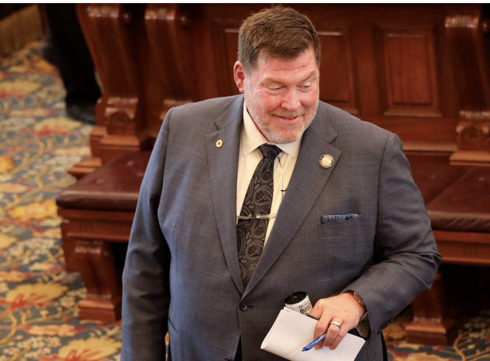Sen. Jeff Klemp, R-Lansing, says a proposed constitutional amendment would lower property taxes by rolling back the appraised values to 2022 and capping annual increases at 3%. He is pictured here during a March 26, 2025, session of the Senate. (Photo by Grace Hills/Kansas Reflector)
