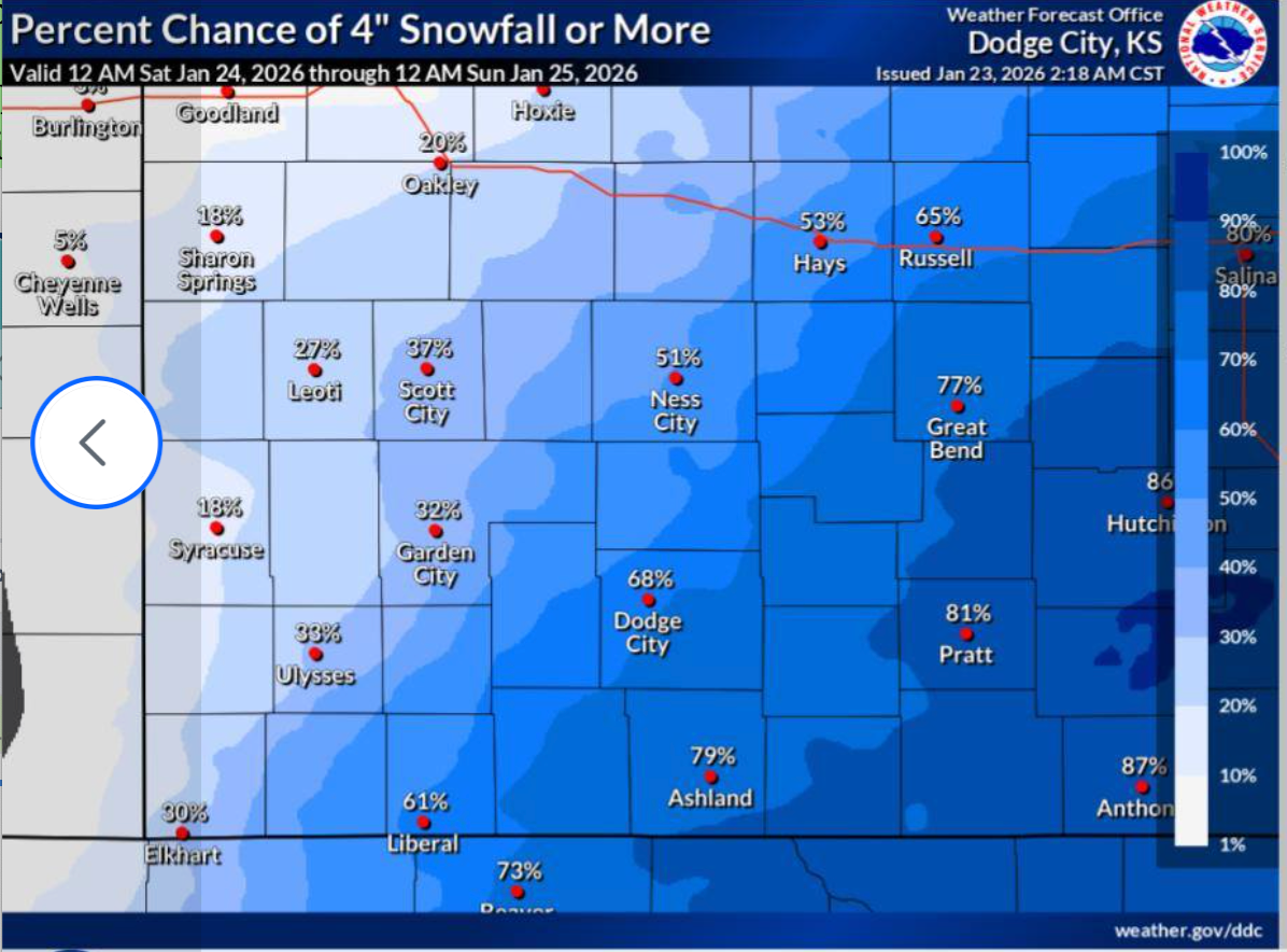Snowfall chance of more than four inches. Courtesy of National Weather Service, Dodge City