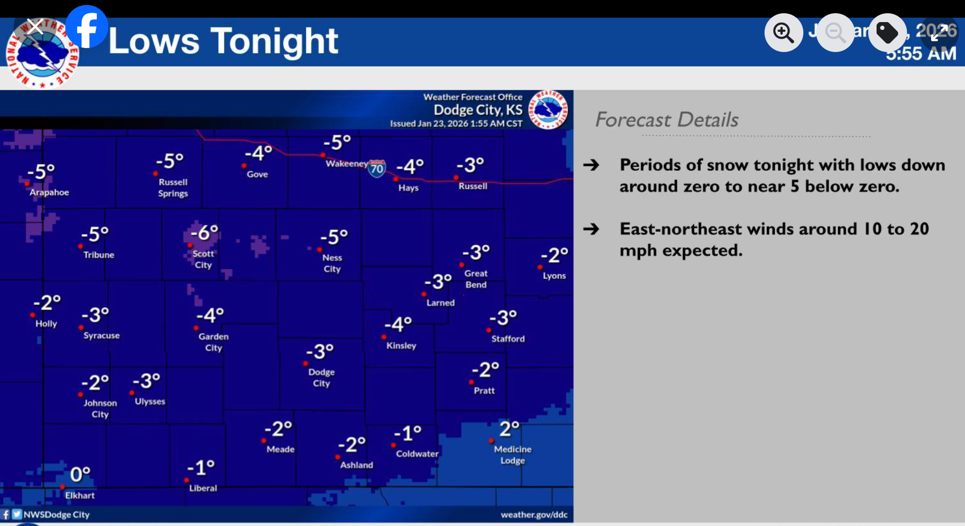 Overnight lows for Friday, National Weather Service, Dodge City.