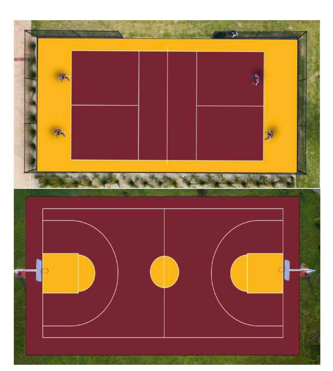 The proposed pickleball court design (top) and the basketball court (bottom) in Victoria High School's colors. The design has not been finalized, and this is just a representation of what the courts could look like. Courtesy image