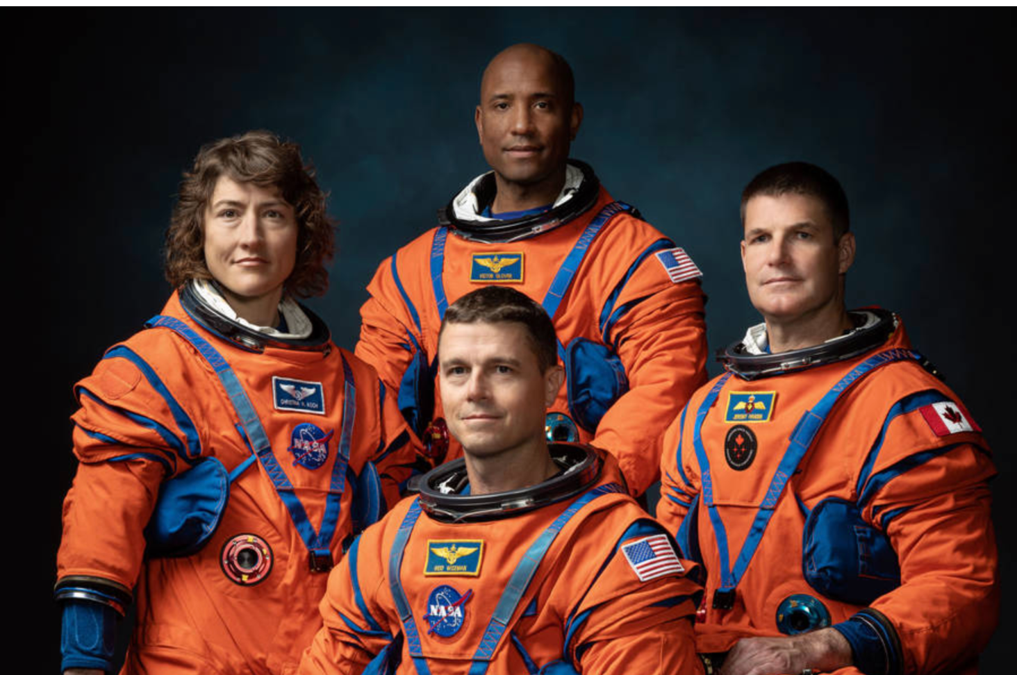 The crew of NASA’s Artemis II mission (left to right):NASA astronauts Christina Hammock Koch, Reid Wiseman (seated), Victor Glover, and Canadian Space Agency astronaut Jeremy Hansen- Credits: NASA