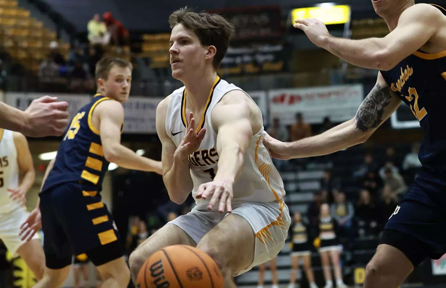 Fort Hays State guard Lucas Hammeke (3) dishes the ball off against Central Oklahoma on Saturday, January 24, 2026 in Hays, Kan. (FHSU Athletics photo/Perker Nisbeth)