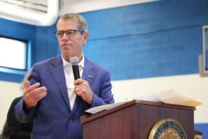 Nebraska Gov. Jim Pillen talking at St. Teresa Catholic School in Lincoln on Sep. 29. 2025. (Juan Salinas II/Nebraska Examiner)