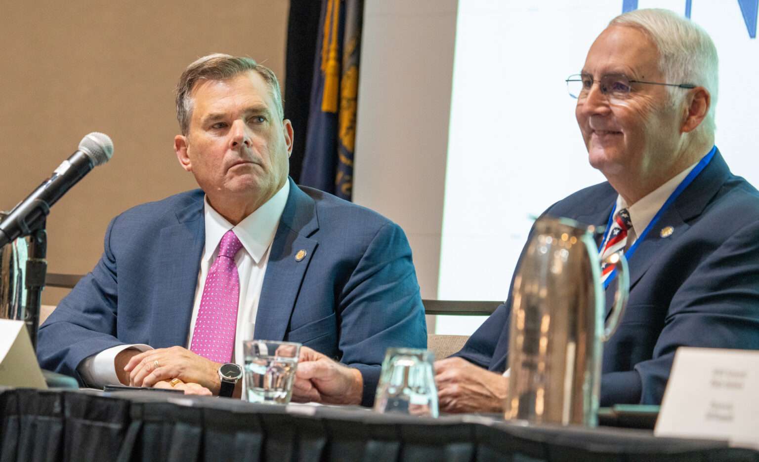  State Sens. Brad von Gillern of the Elkhorn area, chair of the Legislature’s Revenue Committee, and Rob Clements of Elmwood, chair of the Appropriations Committee, from left. Oct. 30, 2025. (Zach Wendling/Nebraska Examiner)