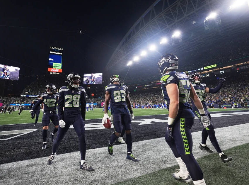 eattle Seahawks’ Dareke Young (83) celebrates after recovering a fumble by Los Angeles Rams wide receiver Xavier Smith during a punt return during the second half of the NFC Championship NFL football game Sunday, Jan. 25, 2026, in Seattle. (AP Photo/Lindsey Wasson)