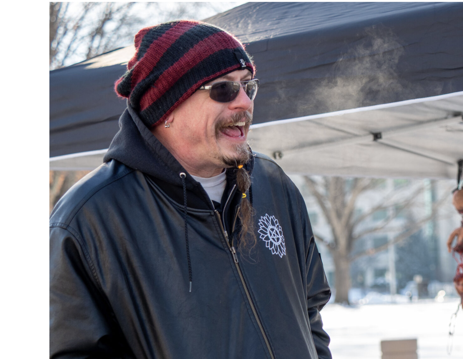 Michael Stewart, president of the Satanic Grotto, says a counterprotest Jan. 27, 2026, to a rally inside the Capitol by Abortion is Murder, which seeks a total ban on abortion in Kansas, highlights inconsistency in the state’s handling of access to the Capitol. Stewart says Satanic Grotto faces discrimination by officials imposing on his group greater restrictions on expression than those faced by the anti-abortion organization inside the Statehouse. (Photo by Sherman Smith/Kansas Reflector)
