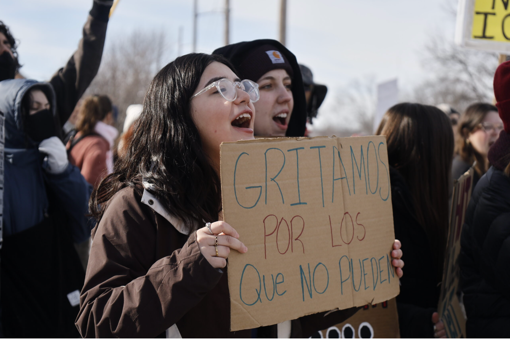 Lawrence High School students raised their voices on Tuesday for a protest against ICE. Other Lawrence schools participated in the direct action as well. (Photo by Maya Smith for Kansas Reflector)