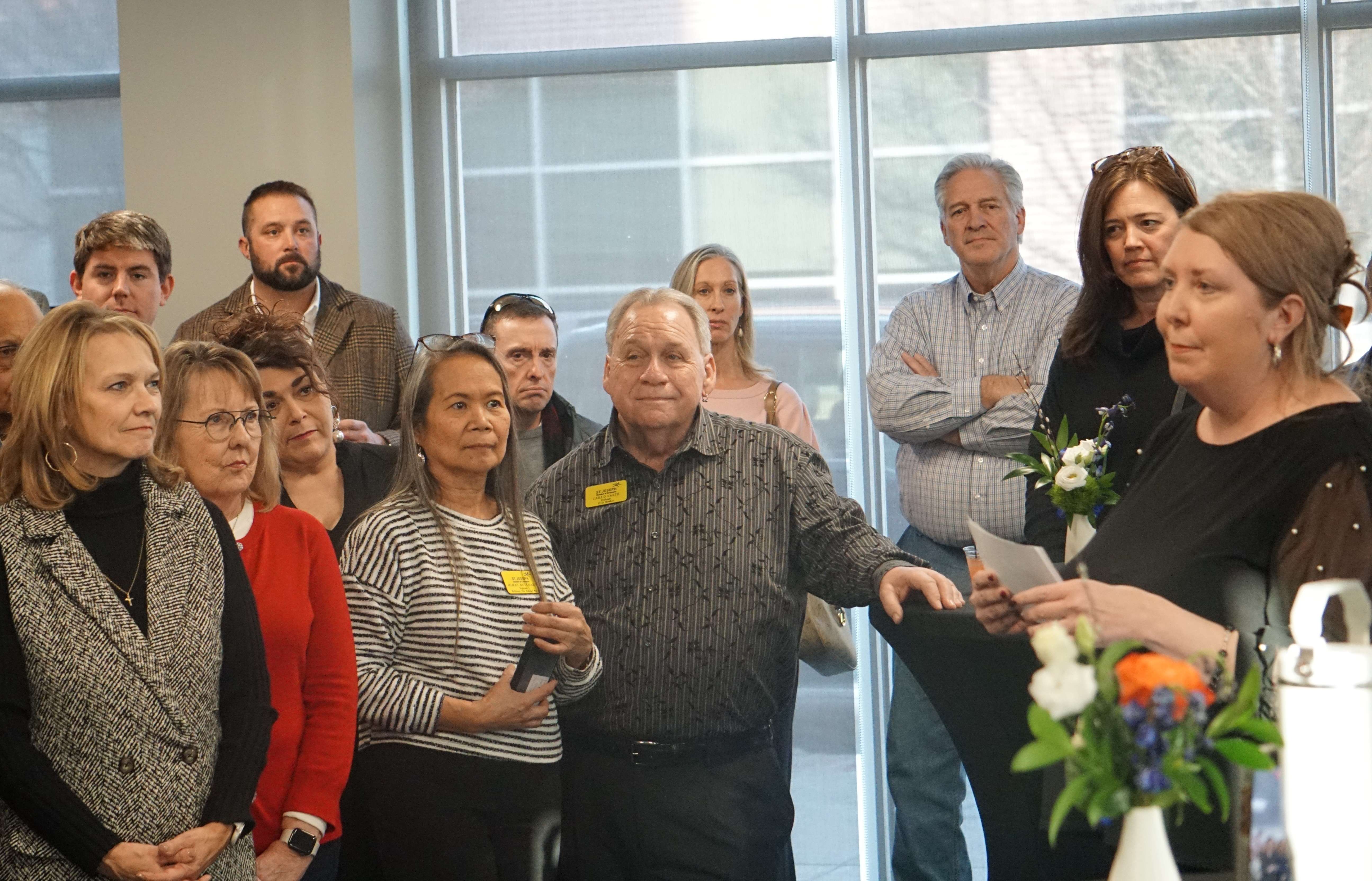 St. Joseph Chamber of Commerce President Natalie Hawn speaks to a crowd gathered at the Launch Pad following the ribbon cutting/ Photo by Matt Pike