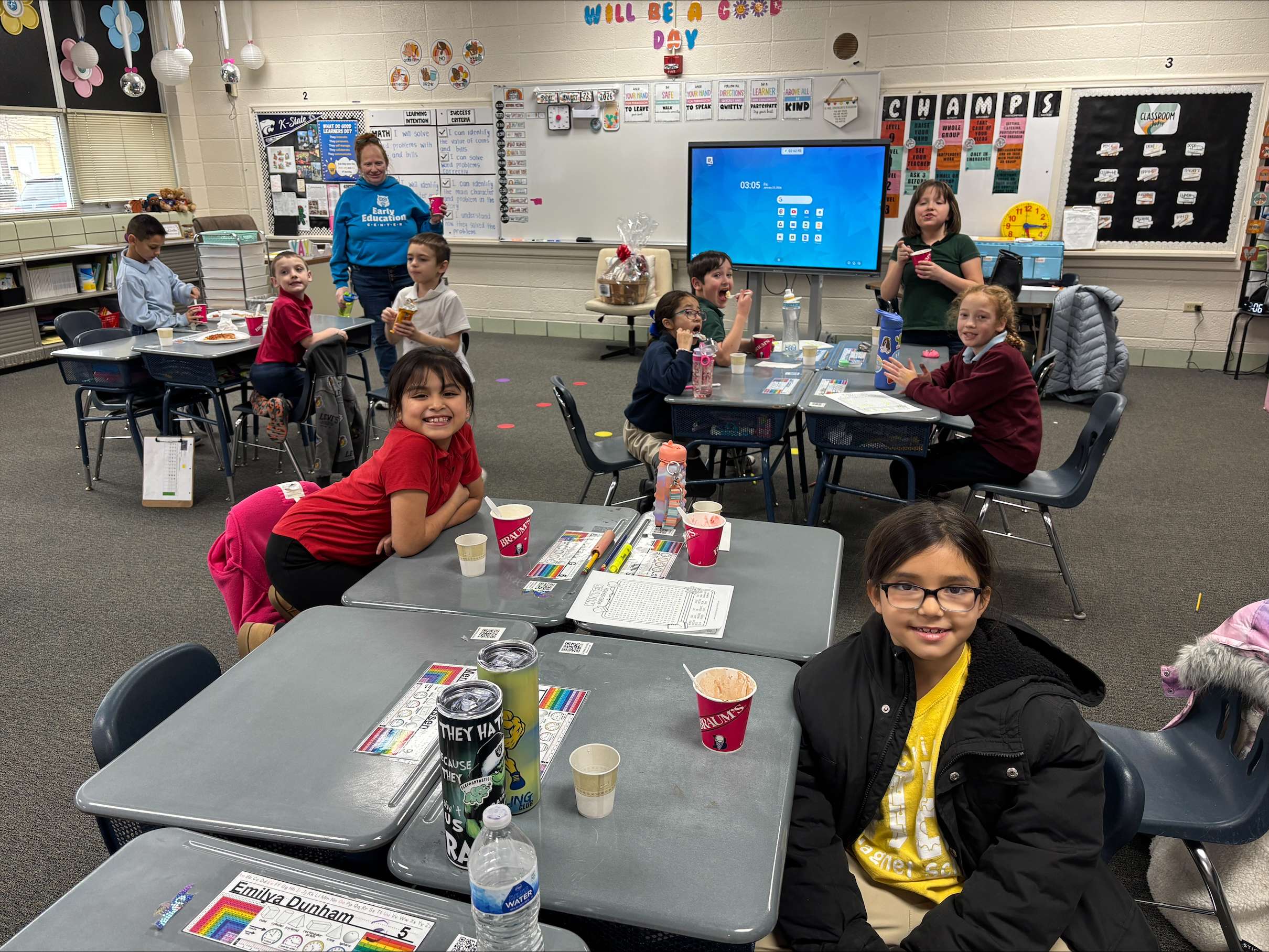 Students in Allen STEM Magnet School teacher Hannah Stoecklein’s second-grade class enjoy a classroom celebration after she was named Teacher of the Month for January, presented by Allen Samuels Chrysler Dodge Jeep Ram. (Hutch Post photo)