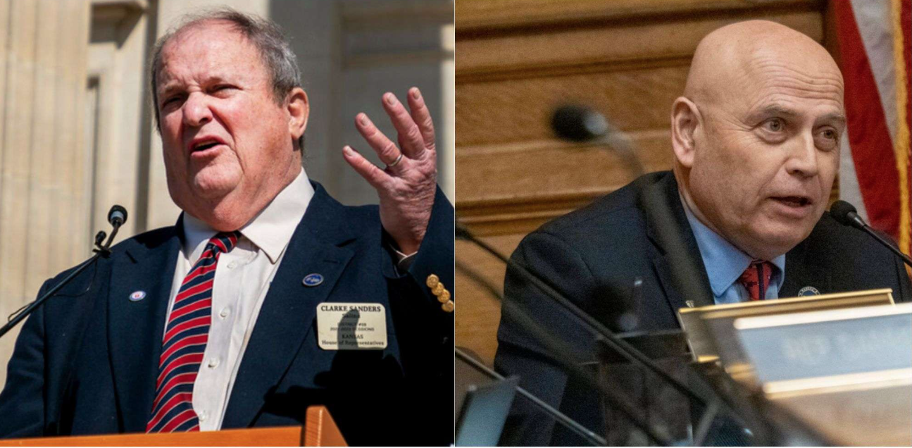 Saline County Rep. Clarke Sanders (R-Kansas, 69th District) and Sen. Scott Hill (R-Kansas, 24th District). Photo of Sanders by Sherman Smith/Kansas Reflector; Photo of Hill by Rachel Mipro/Kansas Reflector