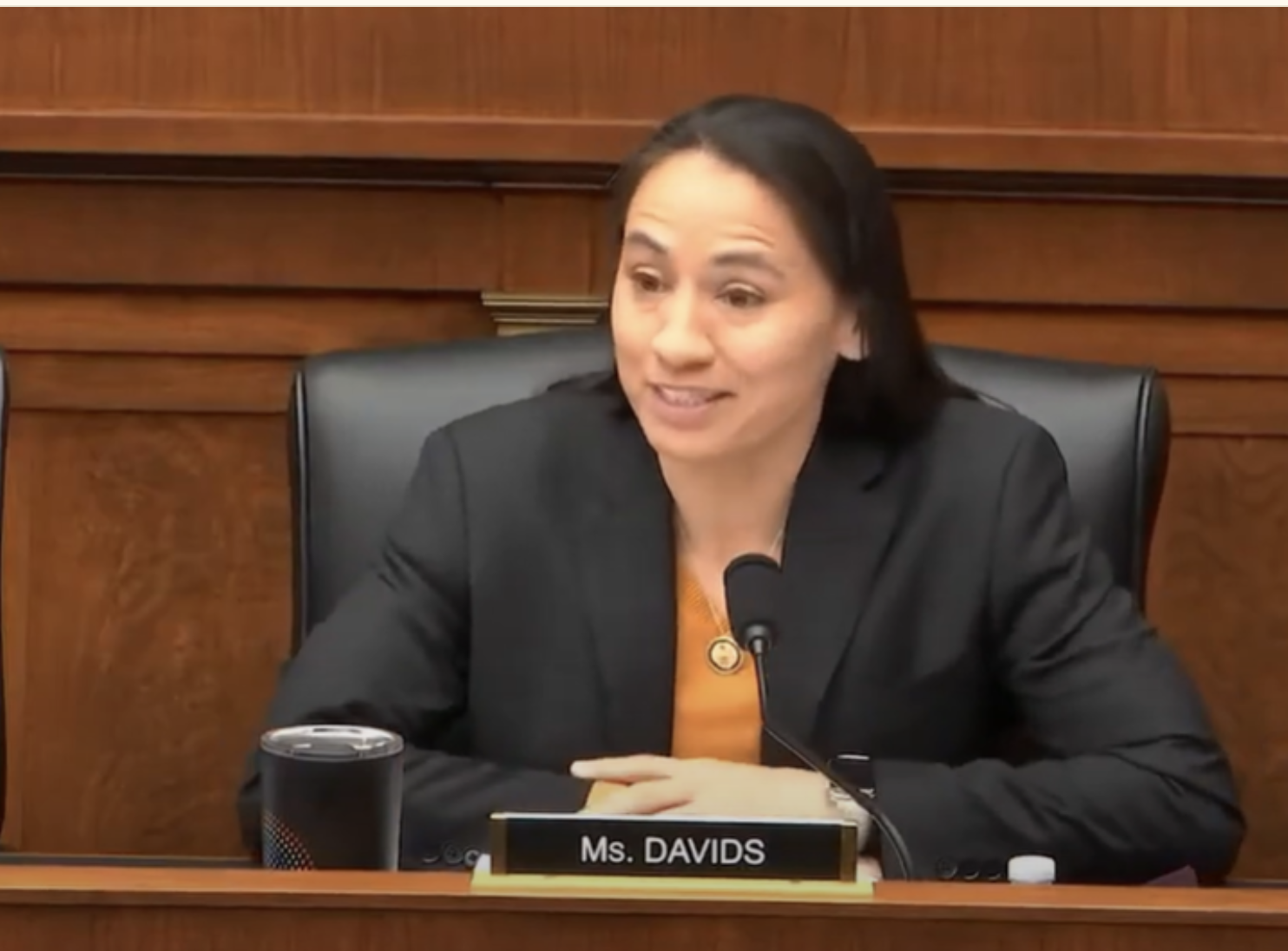 U.S. Rep. Sharice Davids, D-Kansas, plans to visit with voters outside her 3rd congressional district anchored by Johnson County to talk about their priorities for addressing affordability issues, including health care and jobs, (Kansas Reflector screen capture from U.S. House YouTube channel)