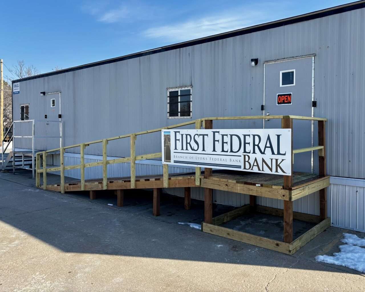 The mobile trailer parked behind the First Federal Bank in WaKeeney, with an accessibility ramp for customers. Photo by Tony Guerrero/Hays Post