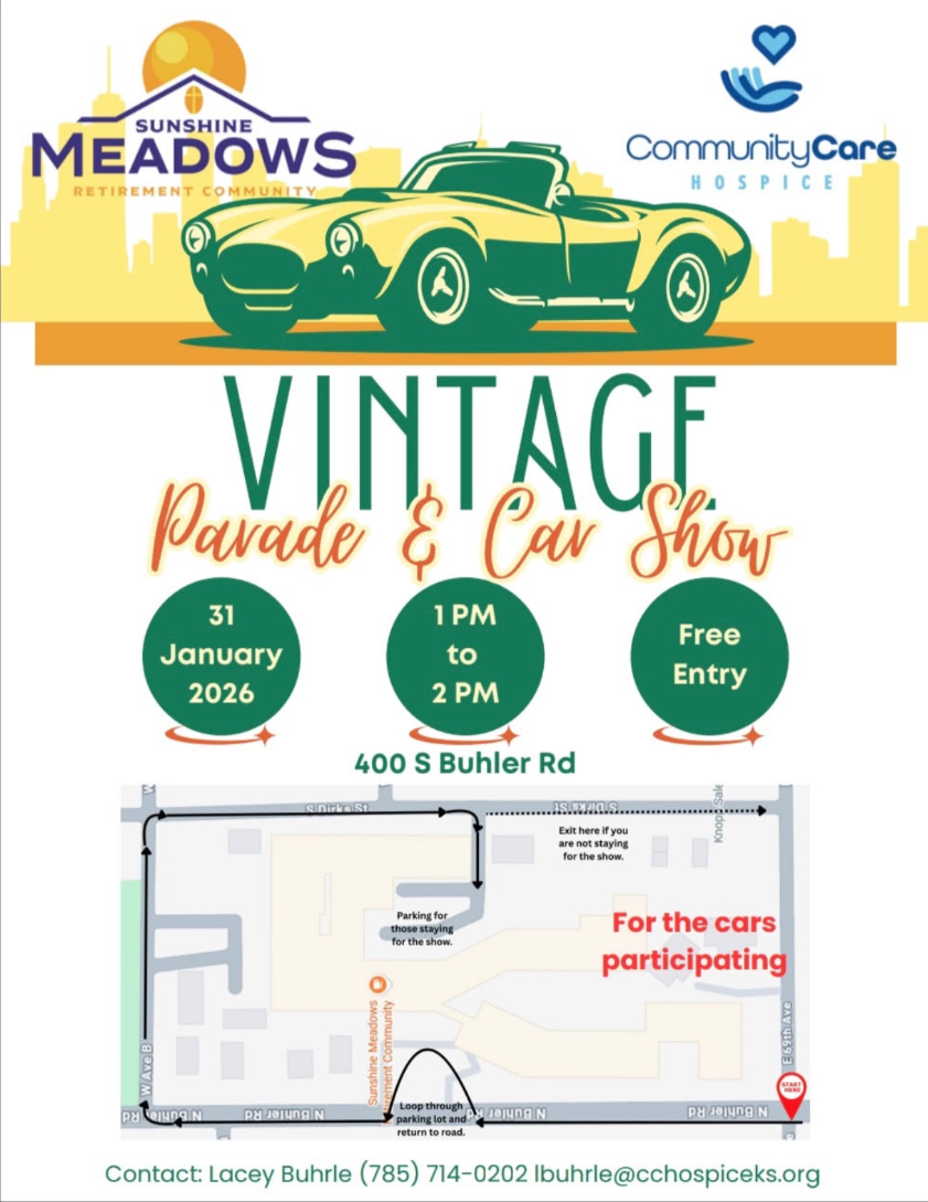 Salina Jeepers Club collaborating with Thursday Night Cruisers of Salina to put forth a vintage parade & car show in Buhler, KS for a McPherson man in hospice care to fulfill his "last wish" on January 31 from 1:00 pm - 2:00 pm (400 S. Buhler Rd, Buhler, KS)