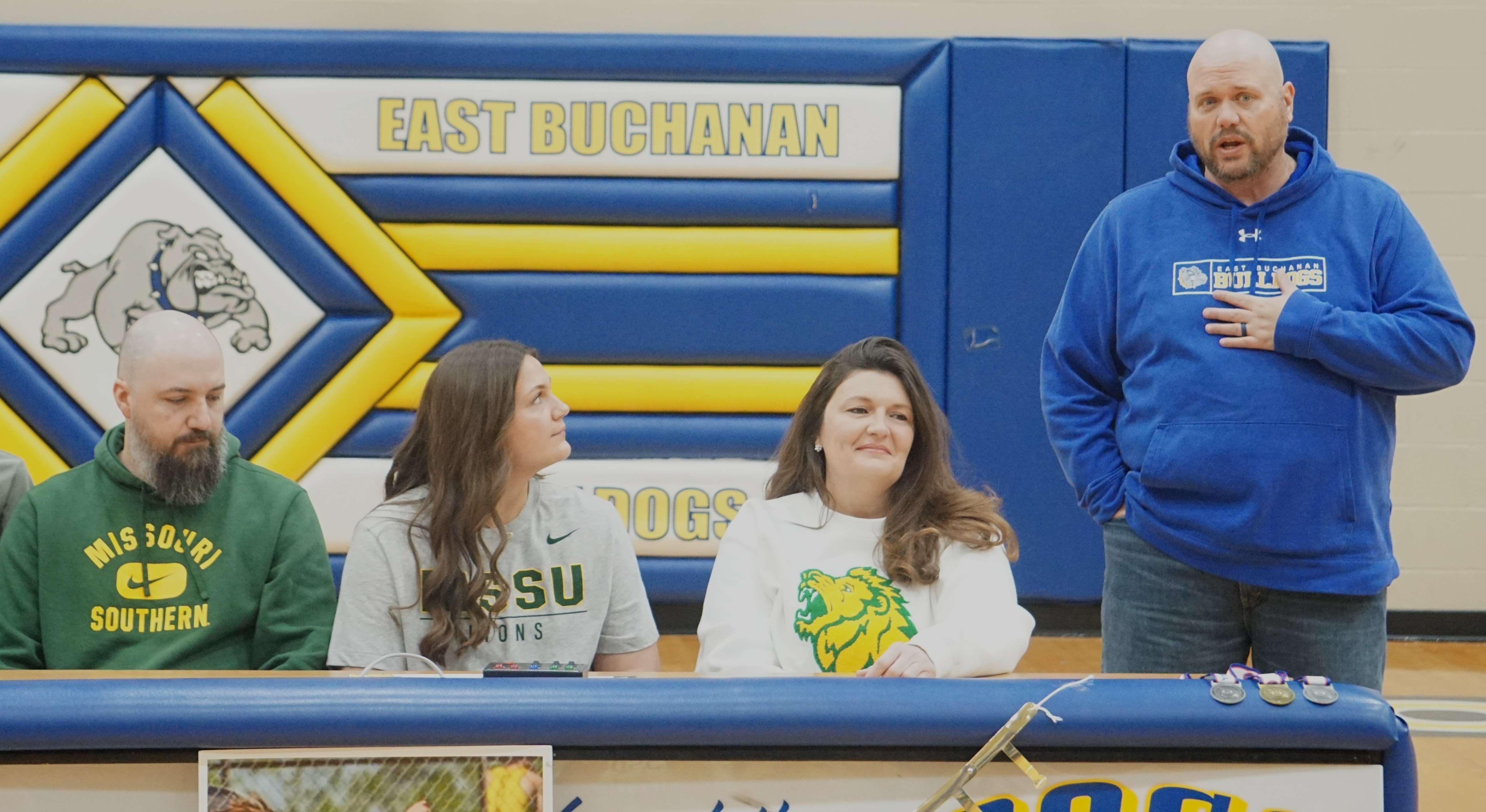East Buchanan Head track and field coach Jeff Harlin speaks during Brooklynn Johnson's signing ceremony/ Photo by Matt Pike