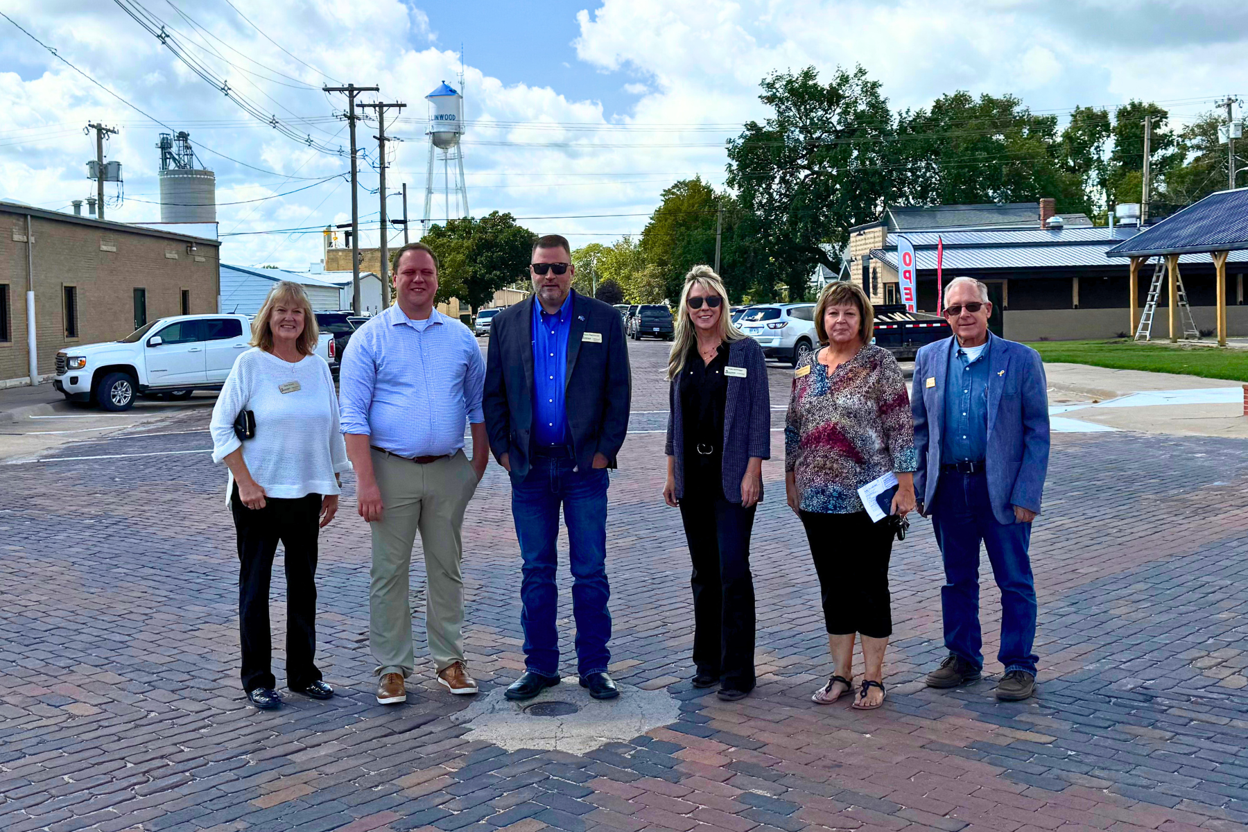 The Barton County Commission and County Administrator Matt Patzner during a stop in Ellinwood on the Travel 389 tour. Pictured left to right: Barb Esfeld, Matt Patzner, Shawn Hutchinson, Tricia  Schlessiger, Donna Zimmerman, and Duane Reif.