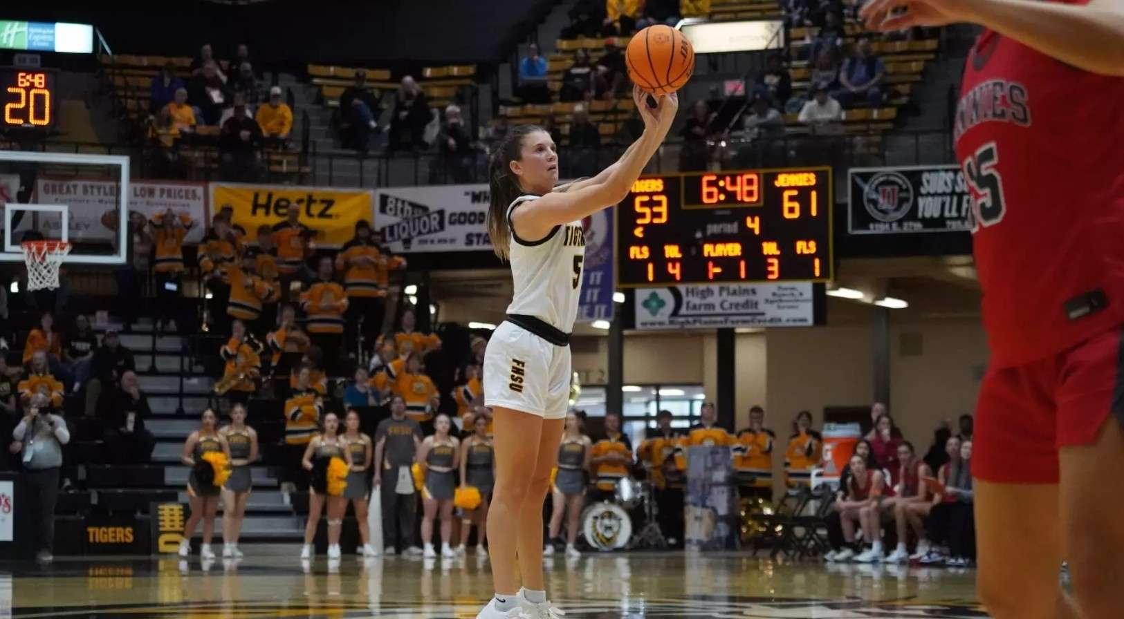 Fort Hays State guard Brooke Loewe (5) attempts a 3-point shot in the second half of their NCAA college basketball game against Central Missouri on Saturday, January 31, 2026 in Hays, Kan. (FHSU Athletics photo/Gillian Lynch)