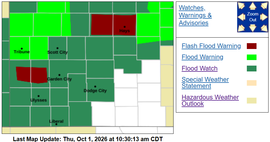 A Flash Flood Warning is in effect today until 1:30 p.m. for Ellis and Trego counties. National Weather Service