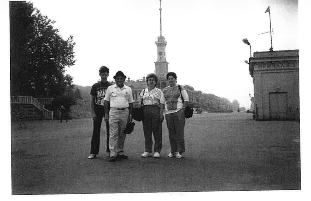 Leo Dorzweiler poses for a picture with his family when visiting Moscow port in Russia. From left: Ilya Plaksin, Leo Dorzweiler, Viola (Pfannenstiel) Dorzweiler, and Wilma Leikam. Photo courtesy of Leo Dorzweiler&nbsp;