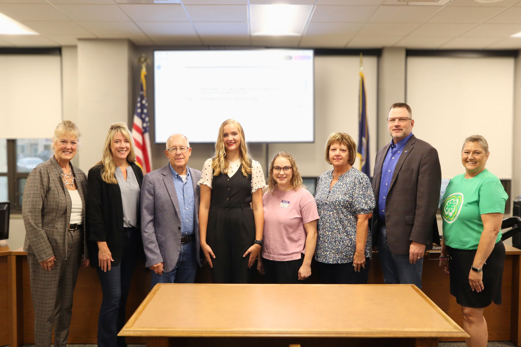 Barton County Commissioners are pictured with Michelle Beran, JoAnn Gaunt, and Samantha Negaard during recognition of National 4-H Week and local 4-H achievement. Cottonwood Extension Director Jay Harris also attended the presentation but is not pictured.