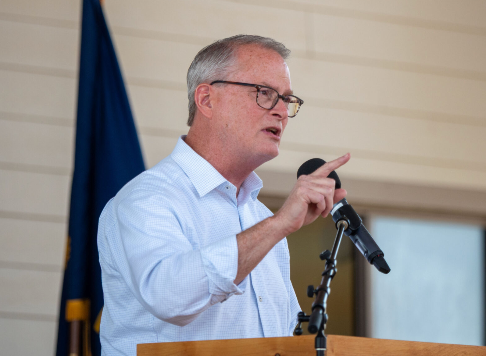  Democratic U.S. Senate candidate Adam Hamilton speaks Sept. 12, 2026, at the Kansas State Fair (Photo by Sherman Smith/Kansas Reflector)