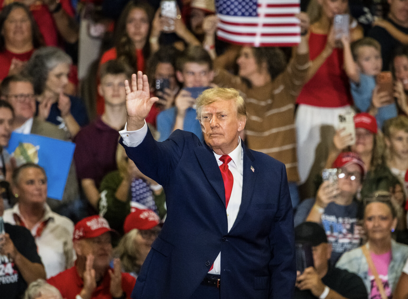 &nbsp;President Donald Trump waves during a midterm election rally at the Choctaw Event Center, Thursday, Oct. 1, 2026, in Durant, Oklahoma. (Photo by Jessica Tobias/For Oklahoma Voice)