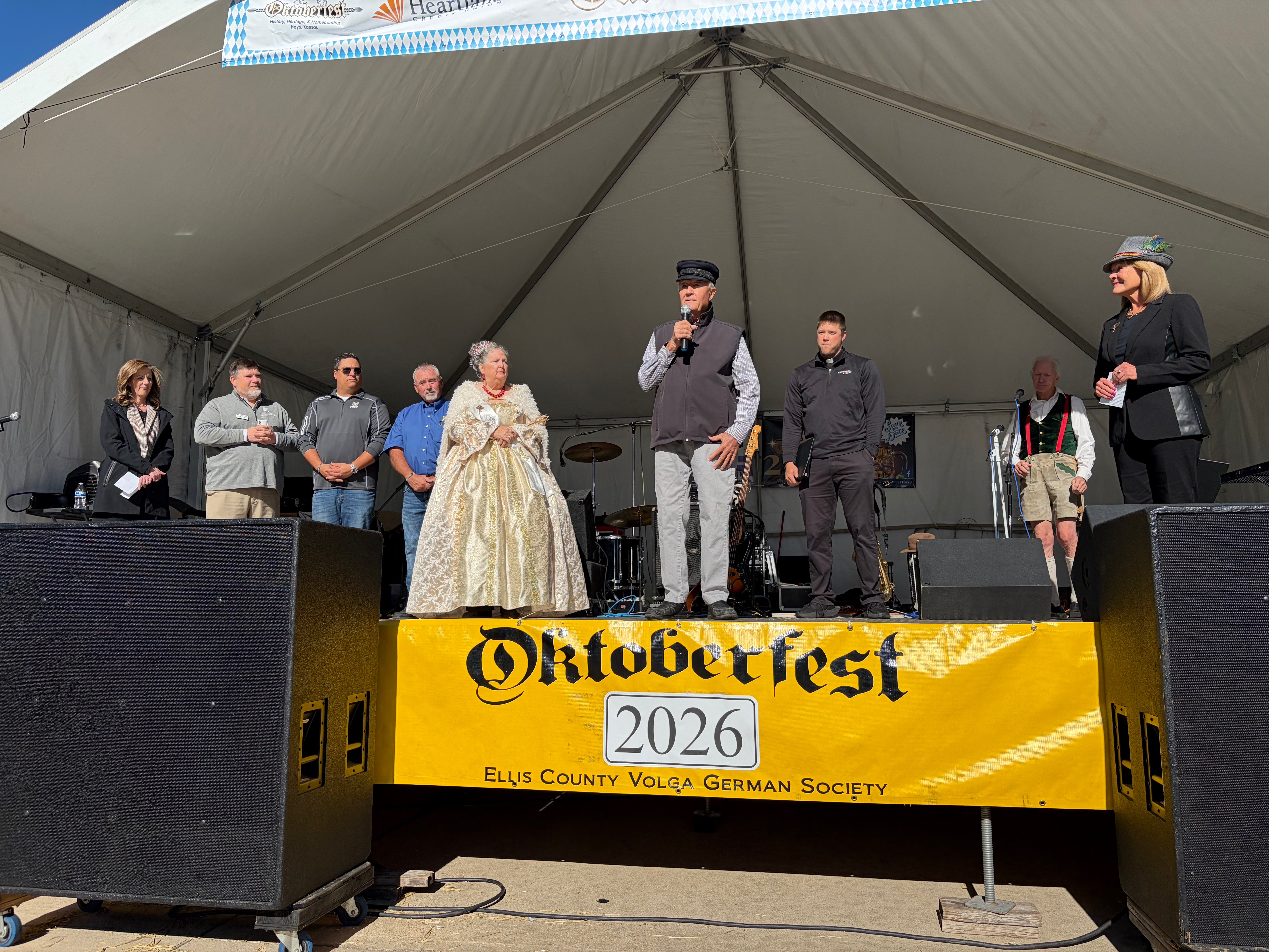 Tom Haas, Native German, speaking to the audience during the opening ceremony of Oktoberfest Hays 2026. Photo by Alin Hett/Hays Post.&nbsp;<br>