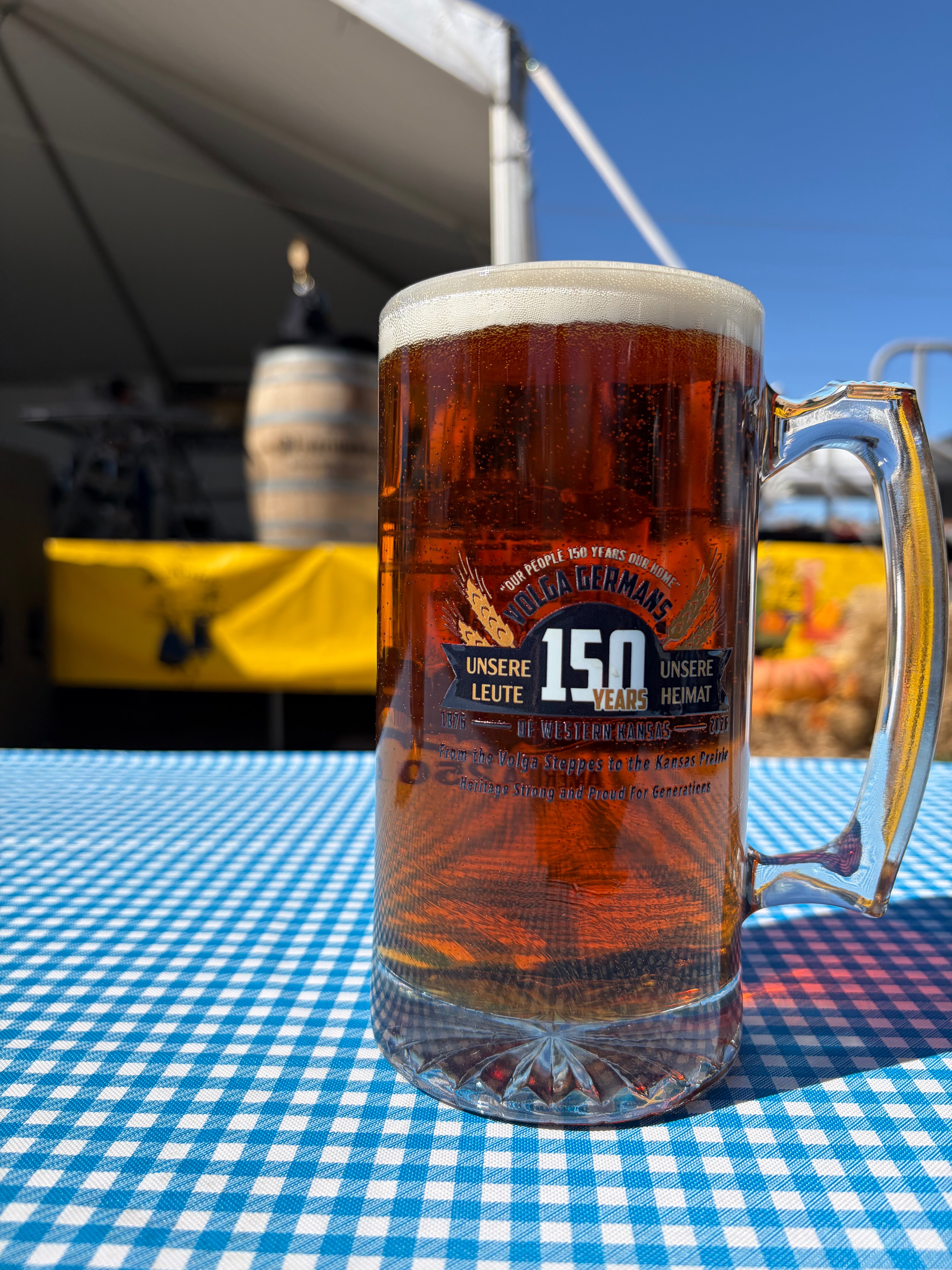 A special stein decorated for Oktoberfest Hays 2026 filled with beer. Photo by Alin Hett/Hays Post
