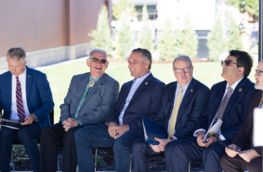 From left, U.S. Sen. Roger Marshall, State Rep. Dan Hawkins, State Sen. Ty Masterson, KU Chancellor Douglas A. Girod, KU Provost Arash Mafi and KLETC Director Darin Beck attend the Oct. 2 ribbon-cutting ceremony. (Photo Courtesy KU News)