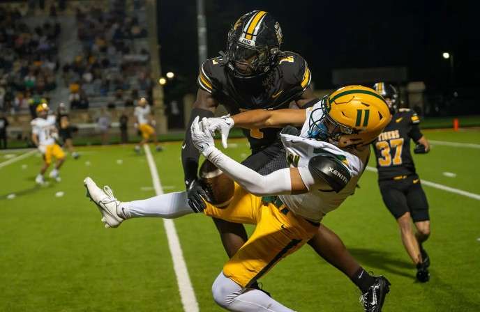 Fort Hays State's Matthew McBride (1) knocks a pass out of the hands of Missouri Southern State wide receiver Isaiah Padello (11) in the second half on MIAA football game on Saturday, October 3, 2026 in Hays, Kan. (FHSU Athletics photo/Madyson Schleip)