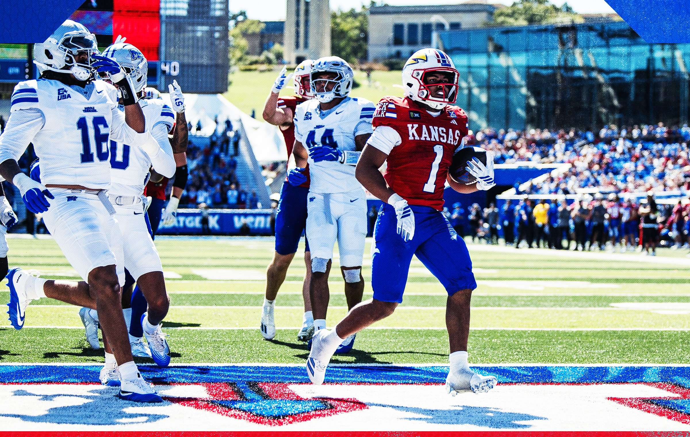 Kansas running back Dylan Edwards rushed 20 times for 137 yards with three touchdowns as the Jayhawks beat Middle Tennesee 55-0/ Photo courtesy of KU Football on X