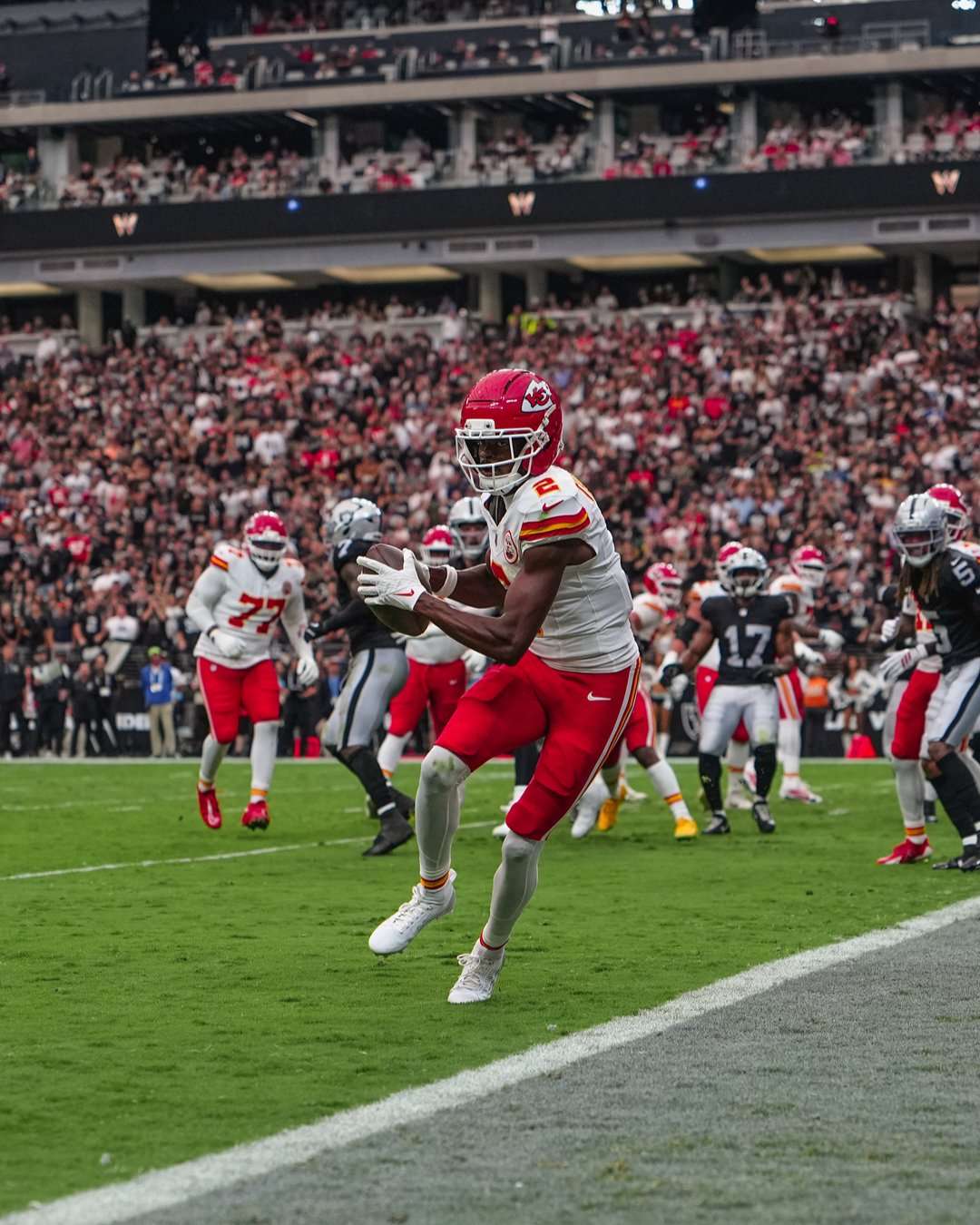 Chiefs wide receiver Tyquan Thornton had a career day recording five catches for 111 yards with two touchdowns, but unfortunately left the game in the fourth quarter with an ankle injury/ Photo courtesy of Chiefs on X
