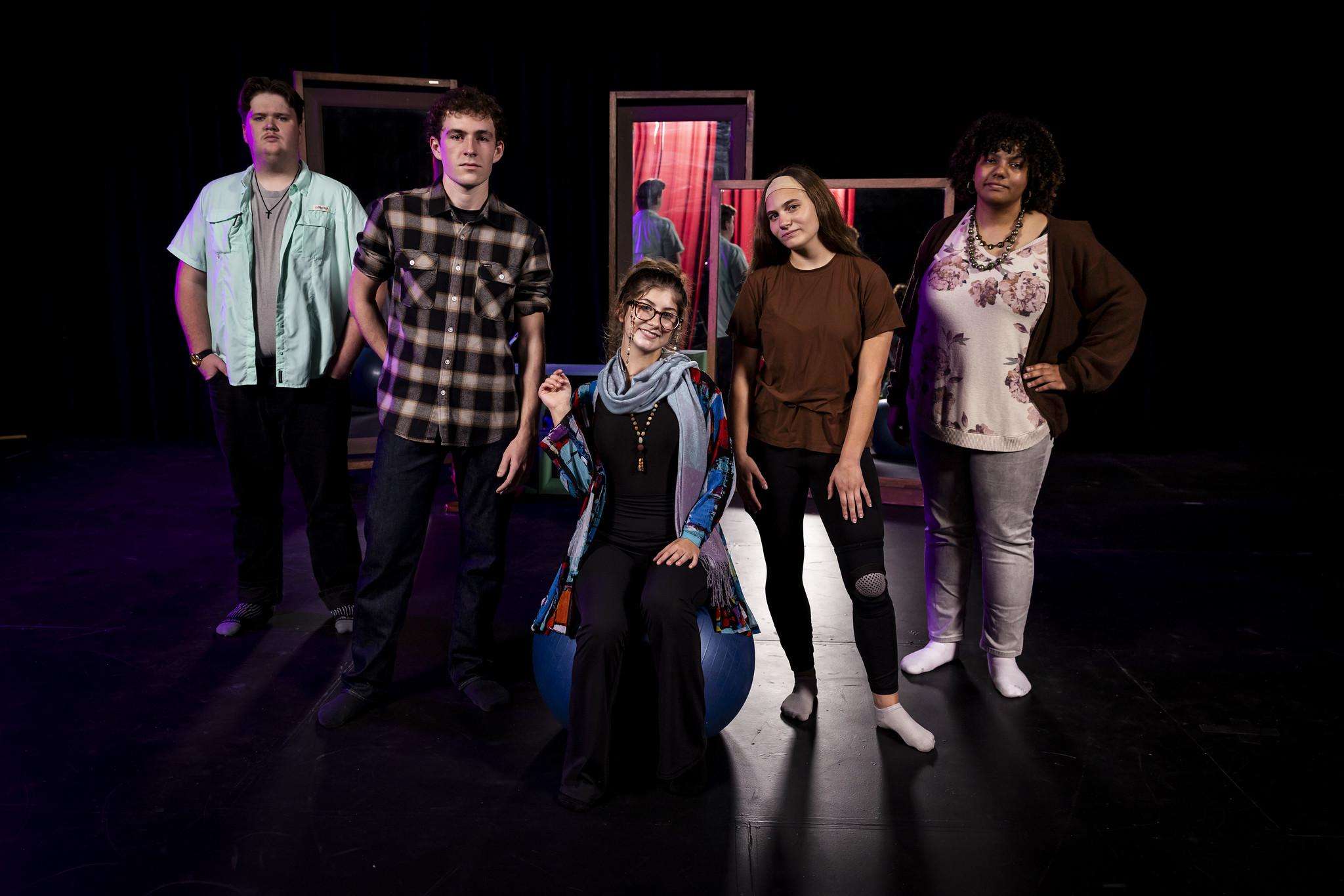 (From left) James Kingsbury, Jacob Warner, Anna Bitter, Madaline Kolas, and Fahren Livingston star in Barton Theatre’s fall production of “Circle Mirror Transformation,” Oct. 15-17.