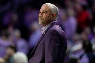 Kansas State head coach Jerome Tang walks the sideline during the first half of an NCAA college basketball game against Iowa State, Feb. 1, 2026, in Manhattan, Kan. (AP Photo/Nick Krug)
