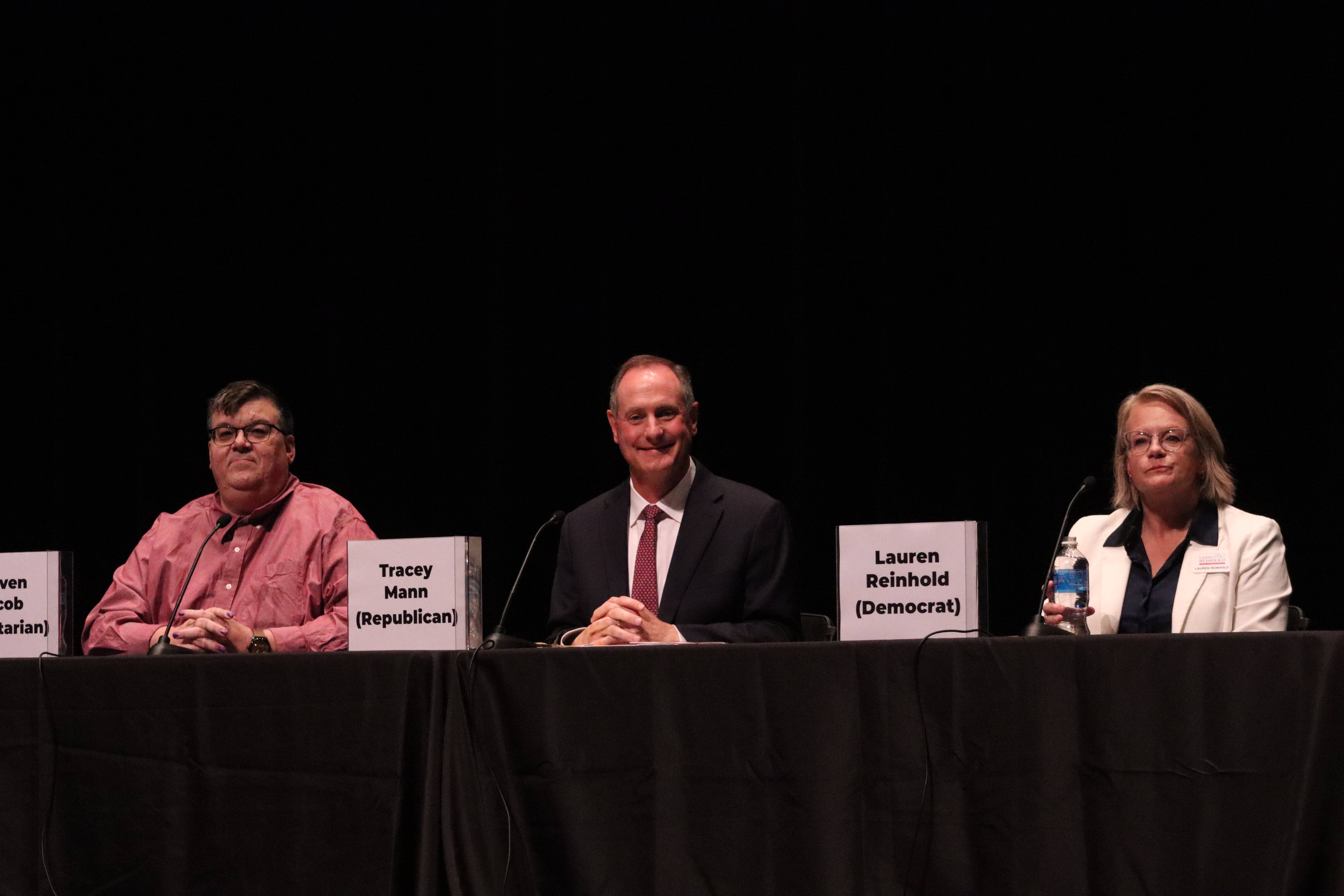 Congressional Forum at Beach Schmidt Performing Arts Center at FHSU featuring candidates Steven Jacob (left), Tracey Mann (middle) and Lauren Reinhold (right). Photo by Alin Hett/Hays Post