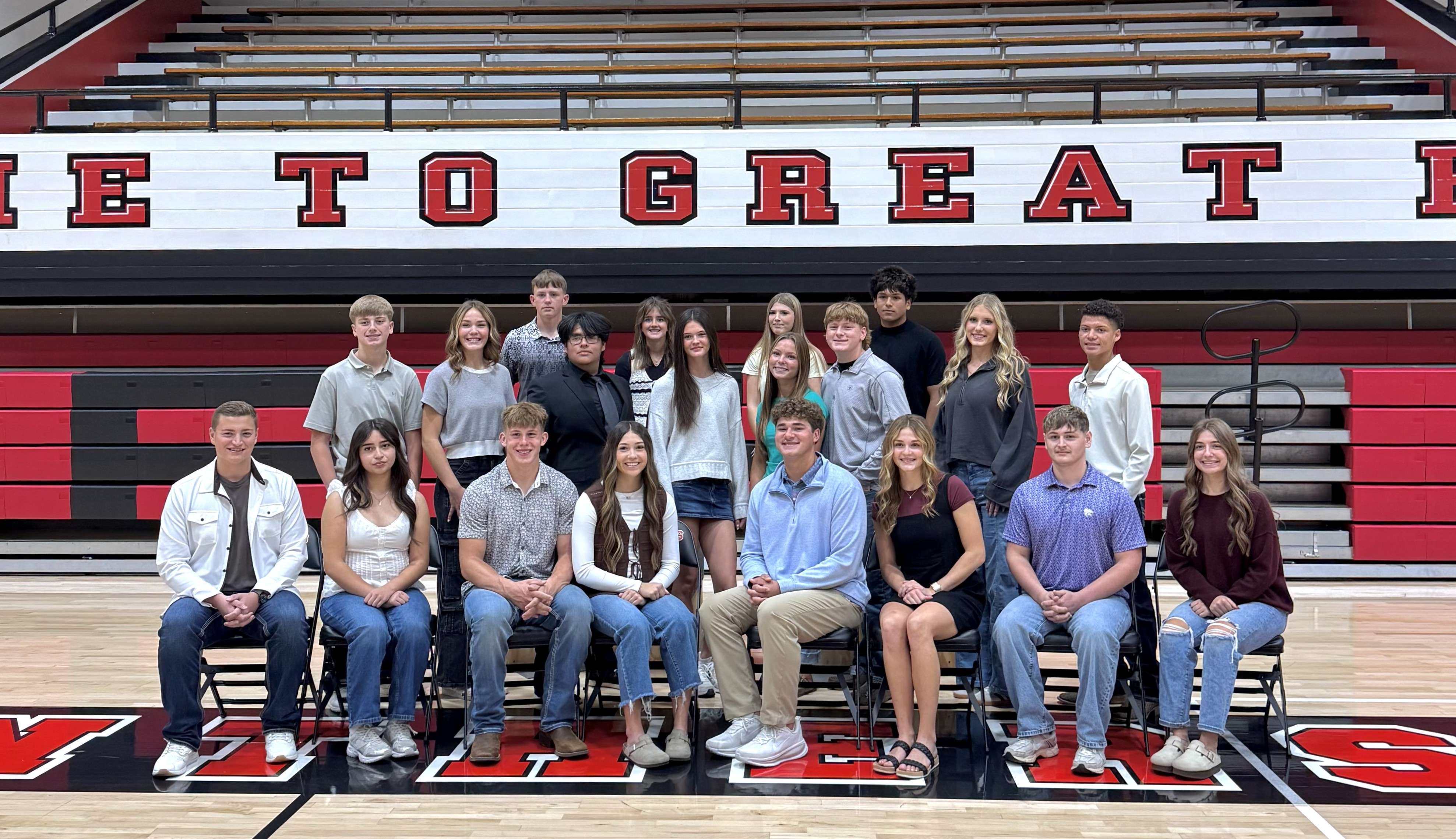 Full Homecoming court, back row from left:&nbsp;Freshmen Cohen Haberman, Emma Hammeke, Zaelee Stein, and Ivan Leyva.&nbsp;Middle row: Kade Thexton (So), Stevie Mayers (So), Angel Garcia (Jr), Micah Ellegood (Jr),&nbsp;Riata Stryker (Jr), Blake Suppes (Jr), Jaya Stroup (So), and Julian Hernandez (So).&nbsp;Front row - Seniors Keegan Roblyer, Fernanda Ponce, Cole Fanshier, Jimena Montes, Kale Kern, Alex Mayers, Slayde Apley, and Meredith Mazouch.