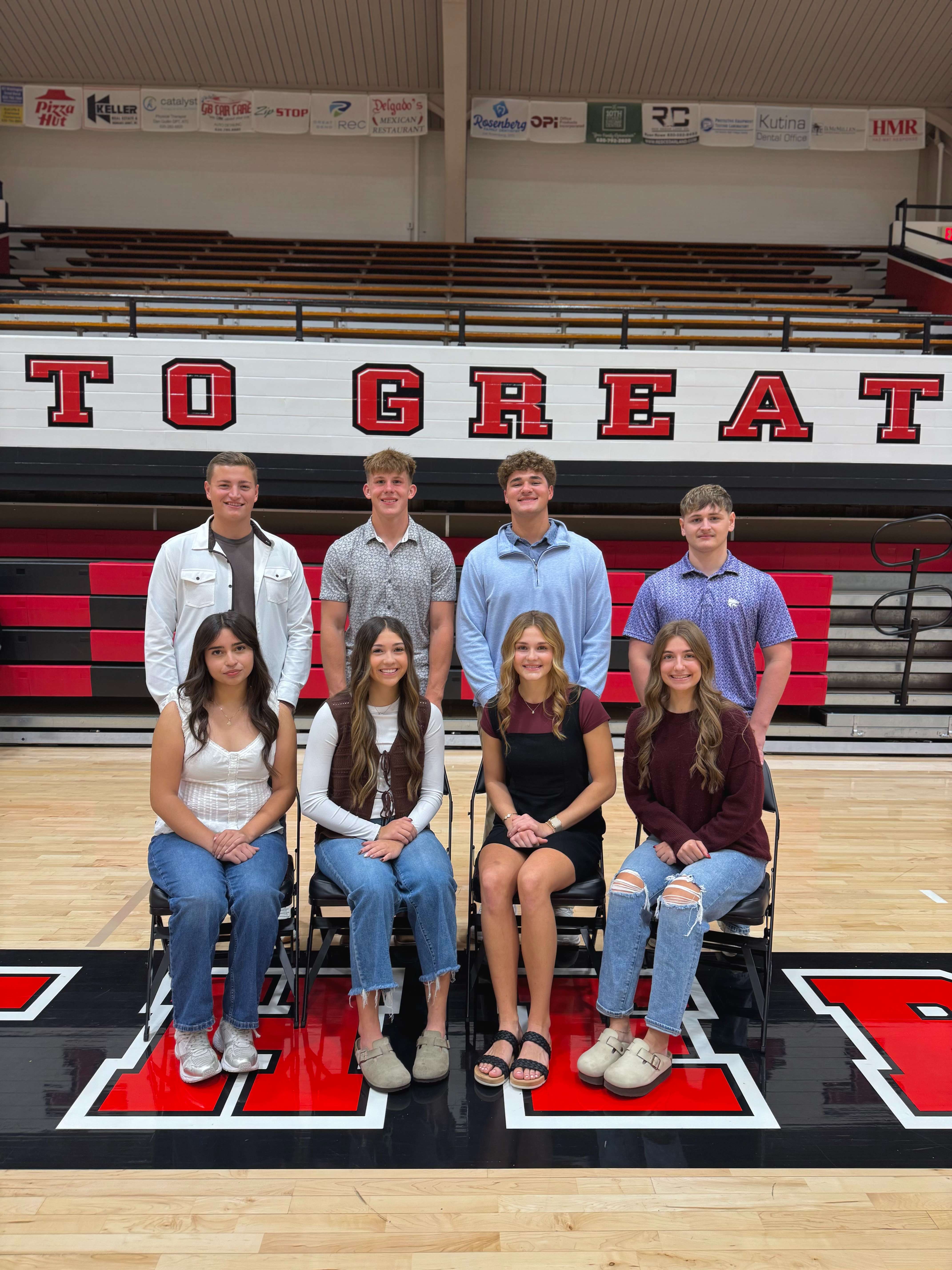 Senior King and Queen candidates, back row from left: Keegan Roblyer, Cole Fanshier, Kale Kern, and Slayde Apley. Front row:&nbsp;Fernanda Ponce, Jimena Montes, Alex Mayers, and Meredith Mazouch. (photos courtesy of USD 428)