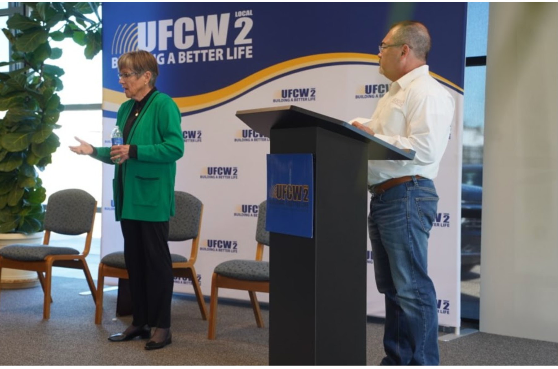  Gov. Laura Kelly spoke to members of the United Food and Commercial Workers Union in Dodge City Oct. 5, 2026, about federal immigration raids in the area. Martin Rosas, right, president of the union’s Local 2, also spoke at the event. (Photo from Kansas Governor’s office.)